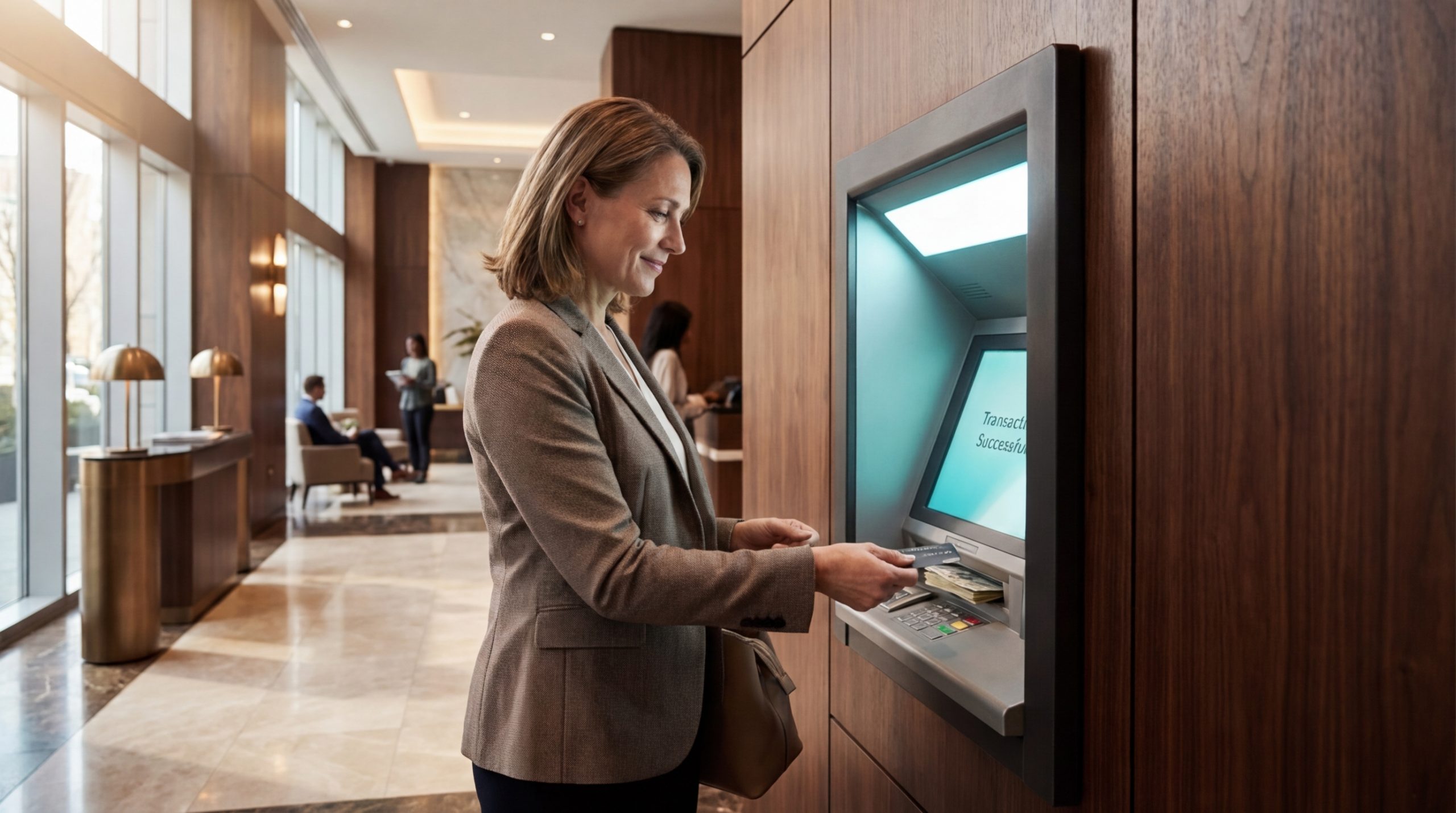 mujer retirando dinero desde terminal
